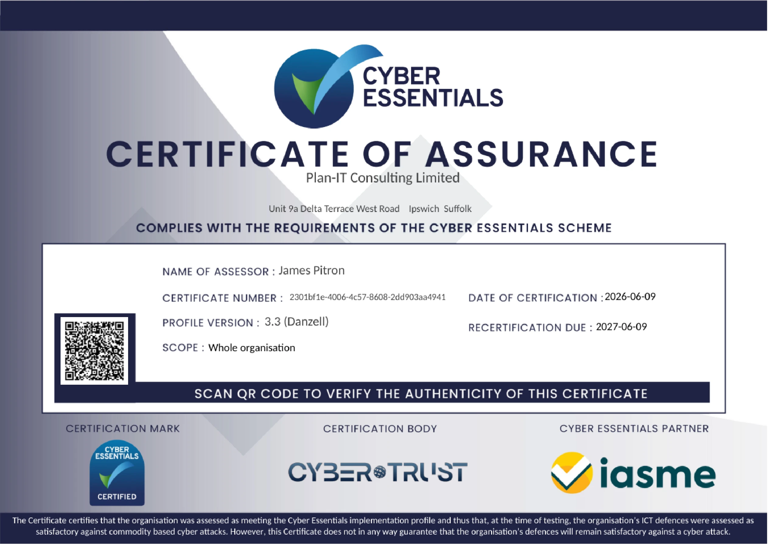 Plan-IT Consulting Limited Cyber Essentials Certificate of Assurance, certified 9 June 2026